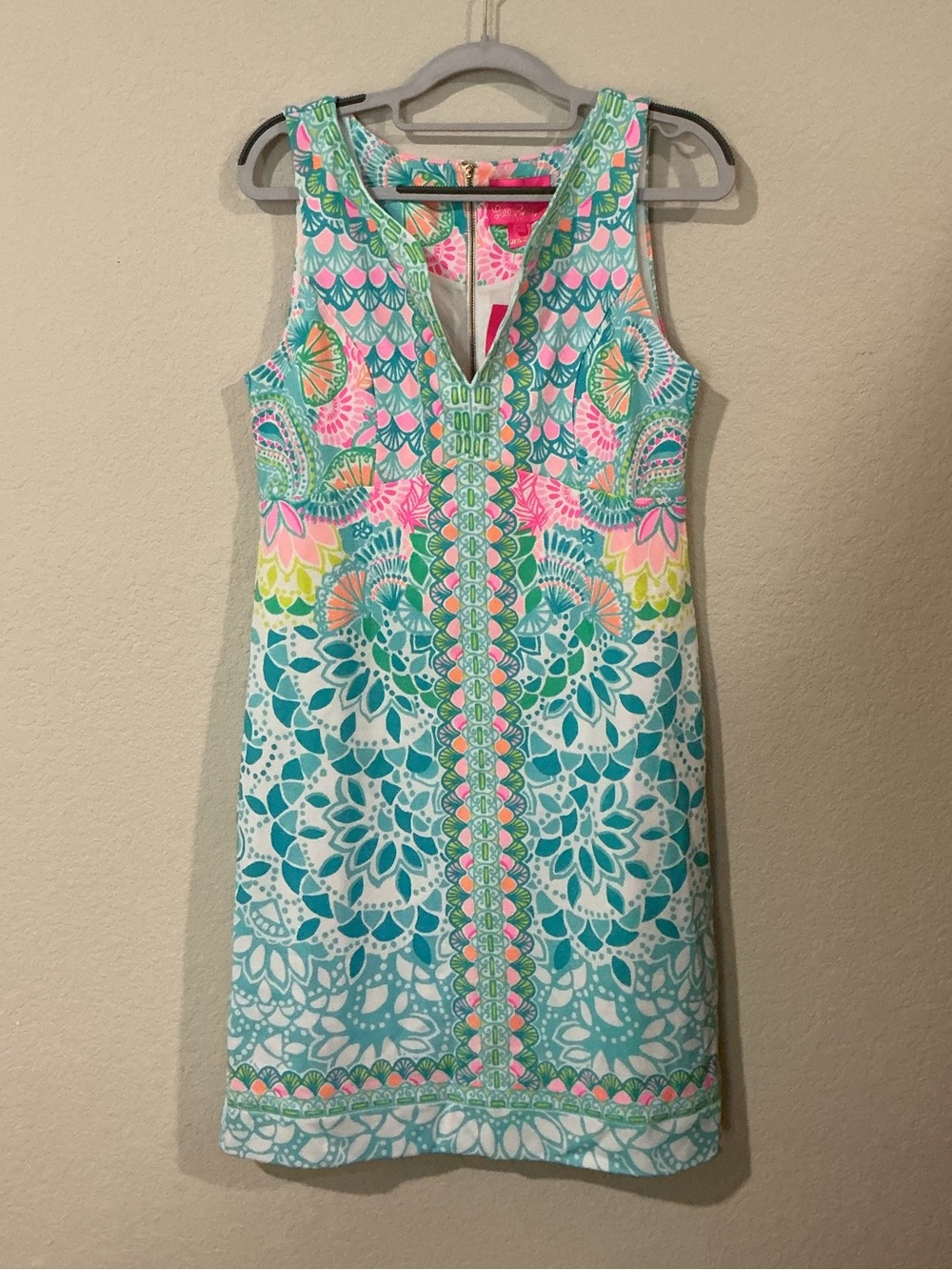 Lilly Pulitzer Teal, Pink & Yellow Sleeveless V-Neck Shift Dress